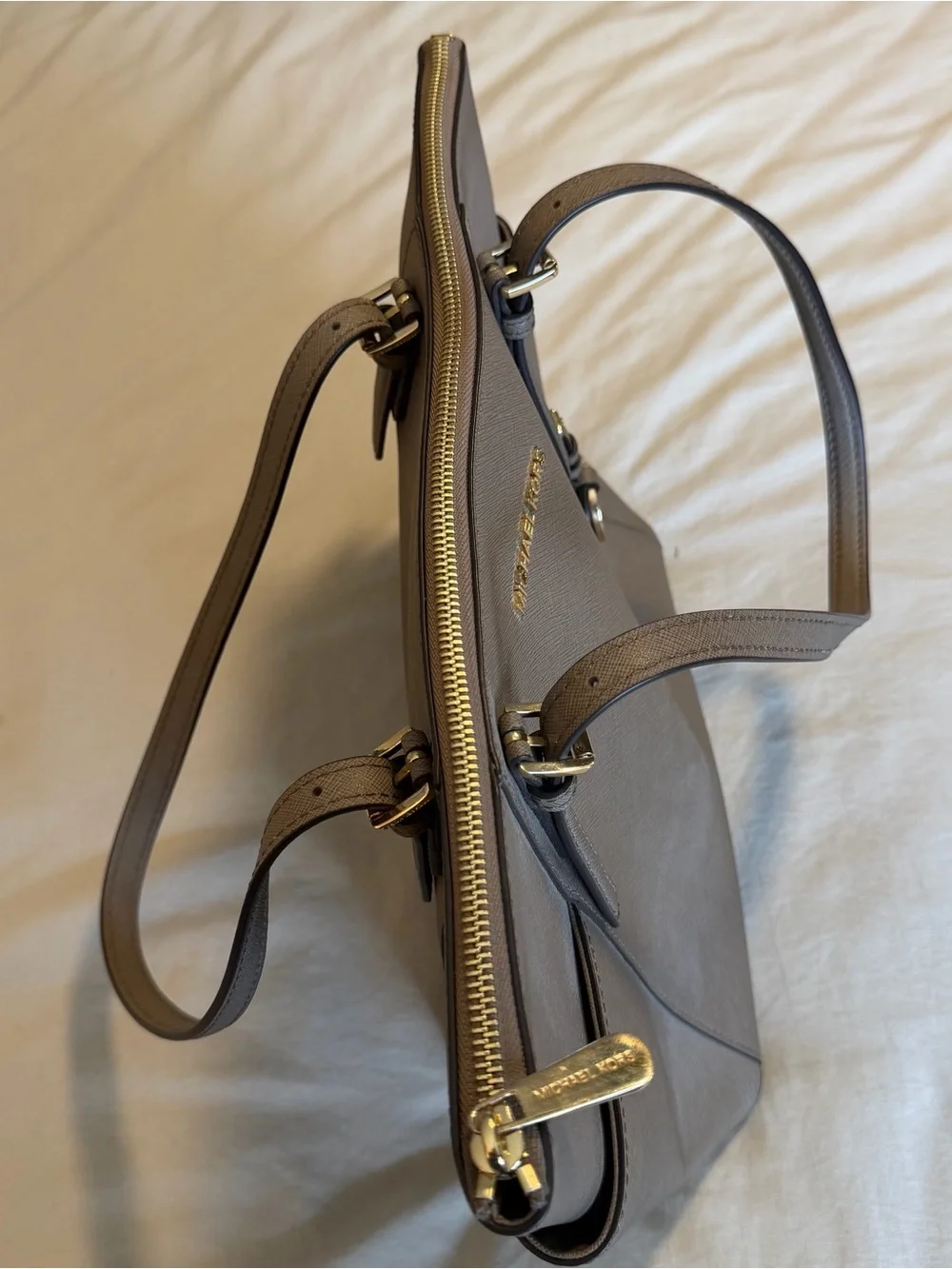 Michael Kors Taupe Saffiano Leather Tote with Gold Logo Charm